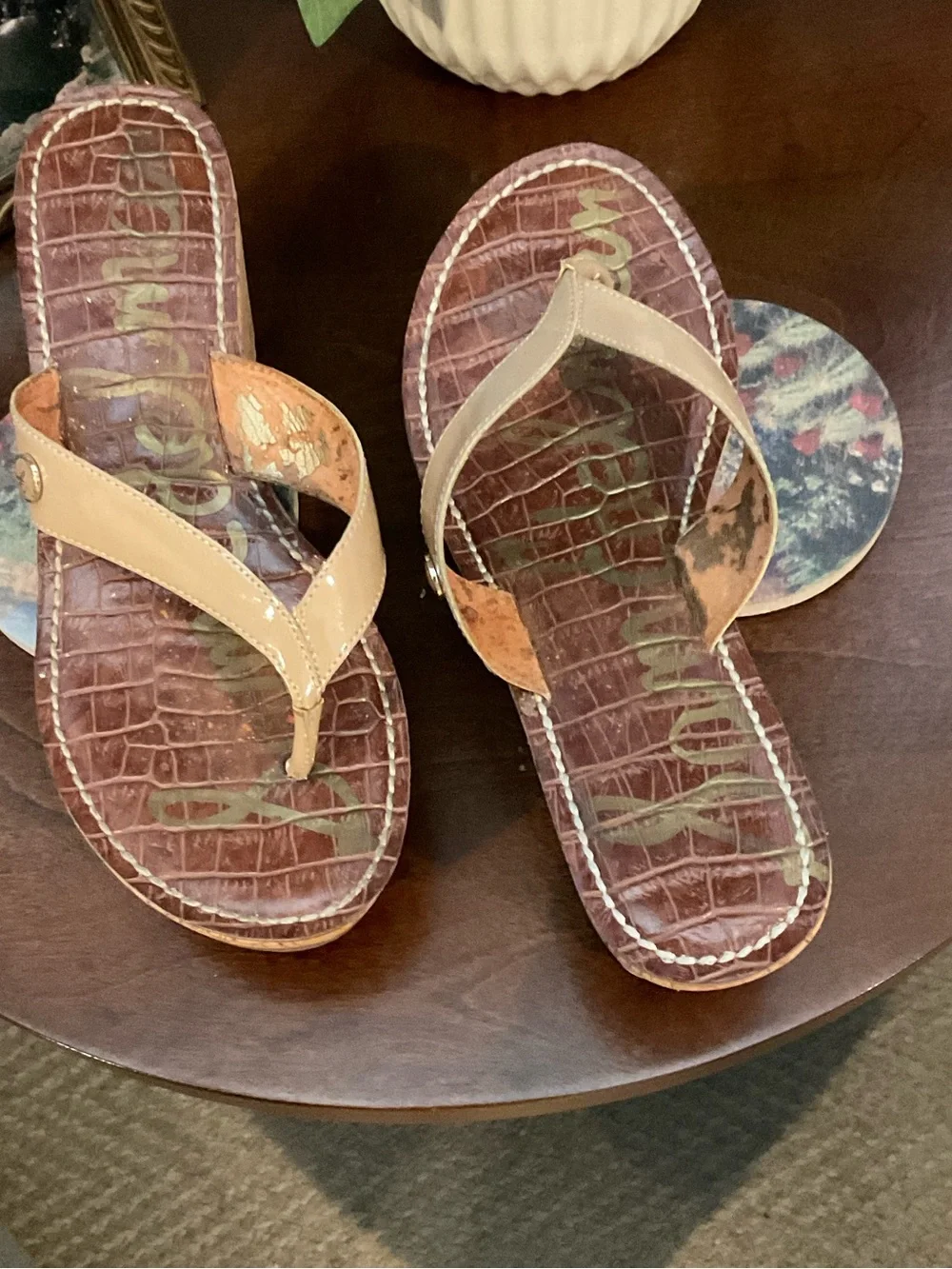 Sam Edelman Beige Thong Sandals with Tan Croc-Print Footbed